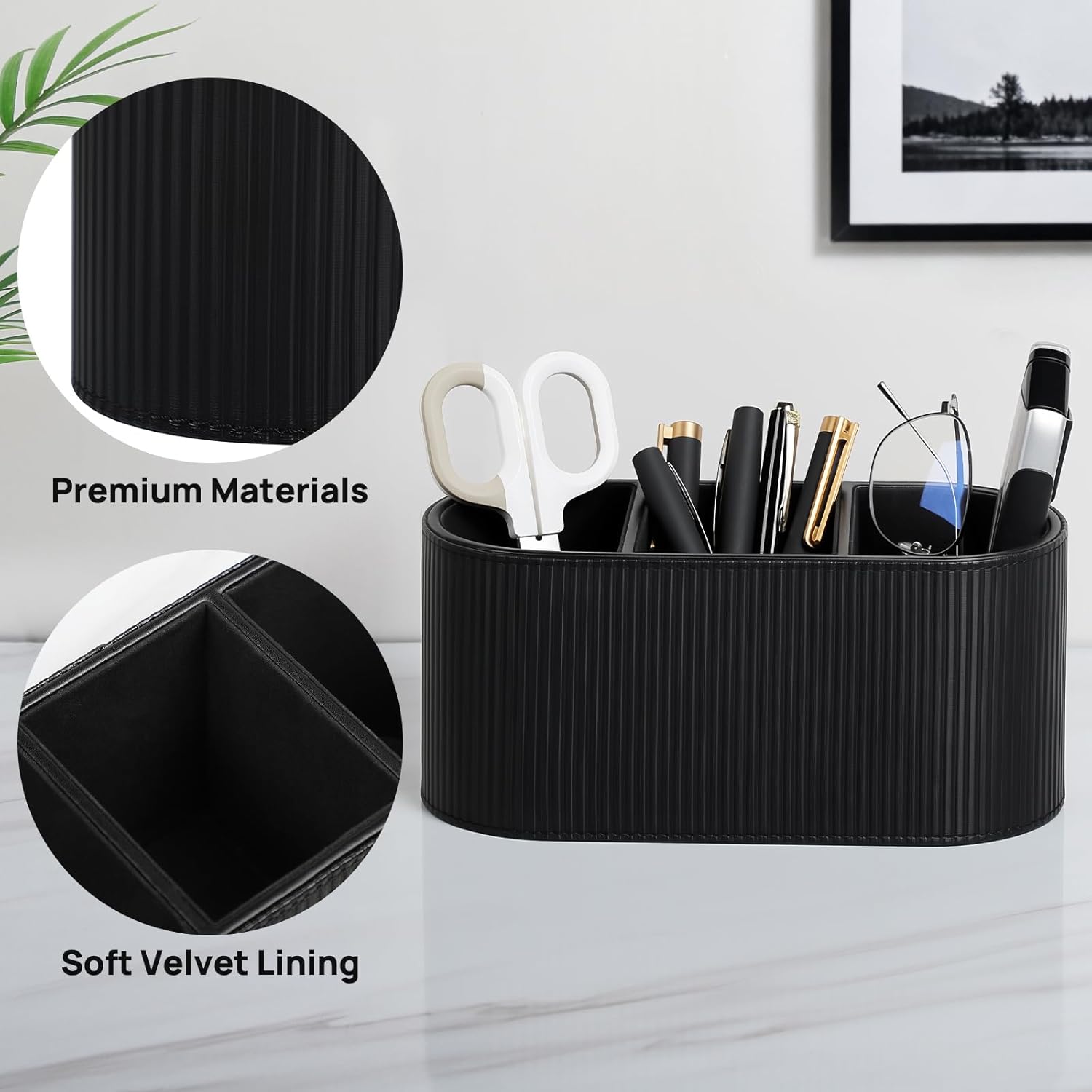 Aesthetic Remote Control Holder, PU Leather Pen Holder for Desk with 3 Compartments for Home Office Supplies and Accessories, Stylish Bedside Remote Holder Nightstand Desktop Organizer (Black)