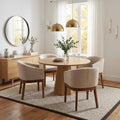 Beige Mid Century Modern Dining Chairs Set of 4, Farmhouse Linen Upholstered Accent Curved Backrest Kitchen Chairs Armchairs with Natural Wood Legs, Beige