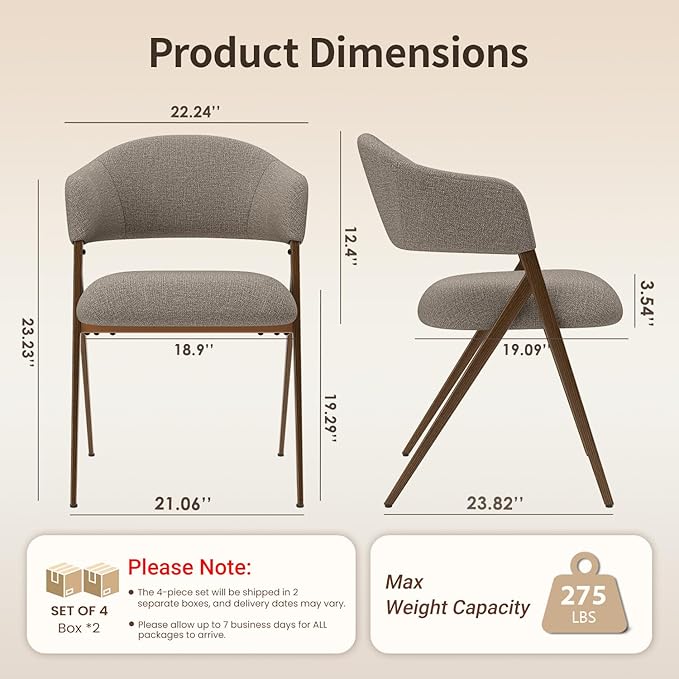 Dining Room Chairs Set of 4, Upholstered Dining Room Chairs, Mid Century Fabric Kitchen Chairs with Curved Backrest and Metal Legs, Taupe