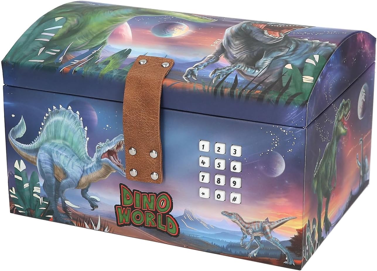 Depesche 13441 Dino World Treasure Chest in Dino Design with Planets, Storage Box with Code, Sound and Light