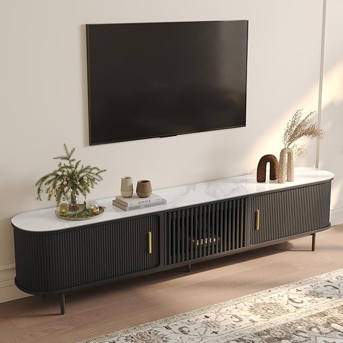 POVISON Fully-Assembled Sliding Tambour Door TV Stand, Mid Century Modern Sin...