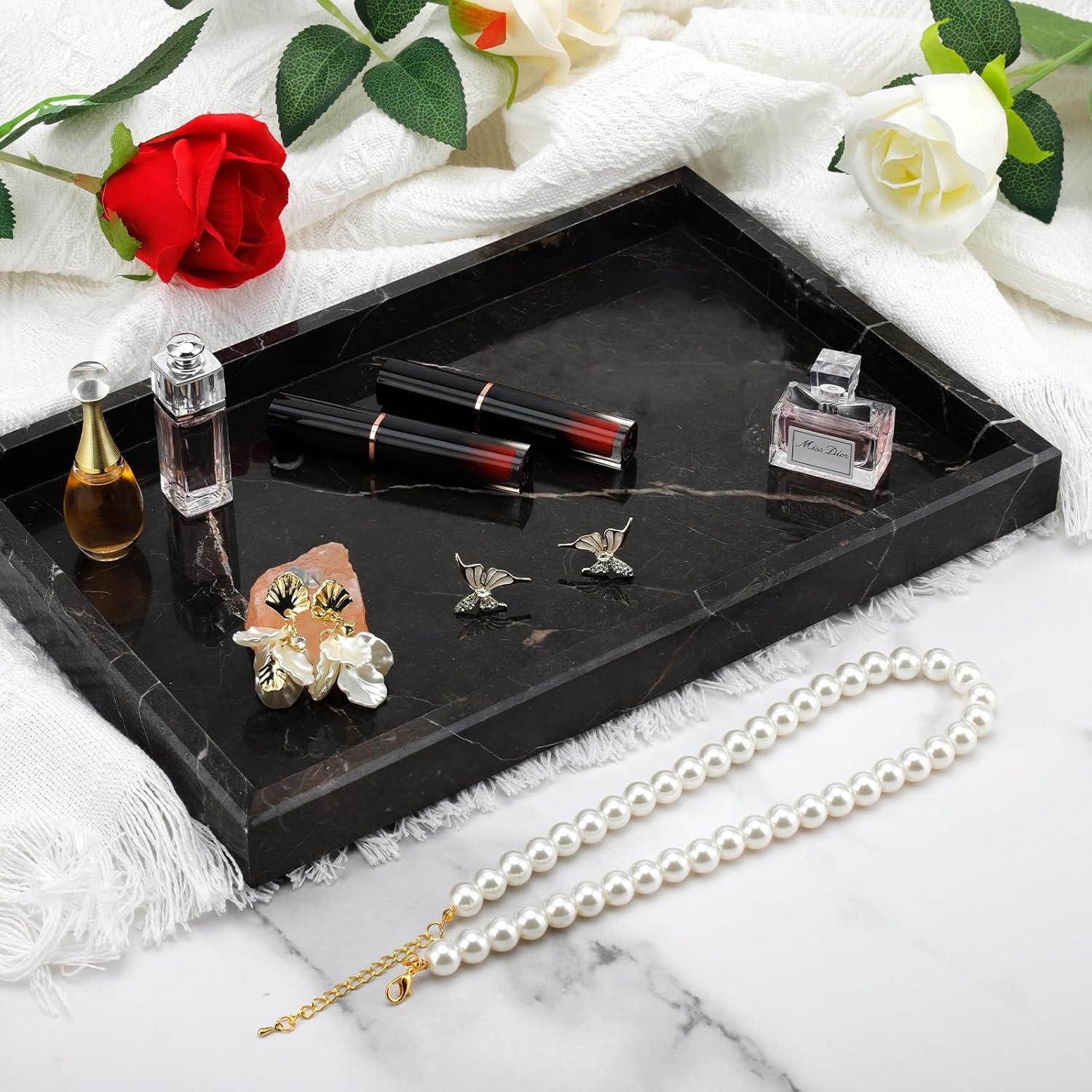 Brown Marble Tray,Pure Natural Vanity Tray,Marble Tray for Kitchen Counter Non-Ceramic/Non-Resin,Stone Trays 12 x 8 inch