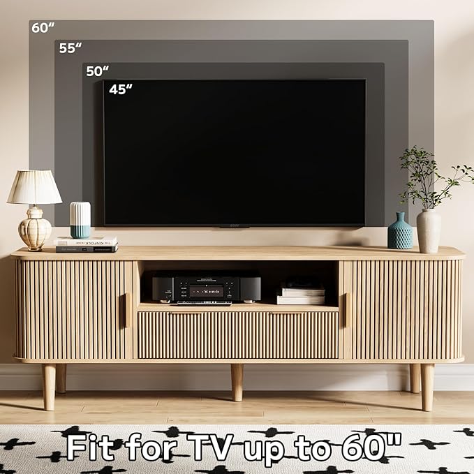 62.4 Inch Fluted TV Stand, Modern Media Console Table with Sliding Tambour Door Farmhouse Sideboard Buffet Cabinet Fits TVs up to 75 inch, Wood Entertainment Center for Living Room(Oak)