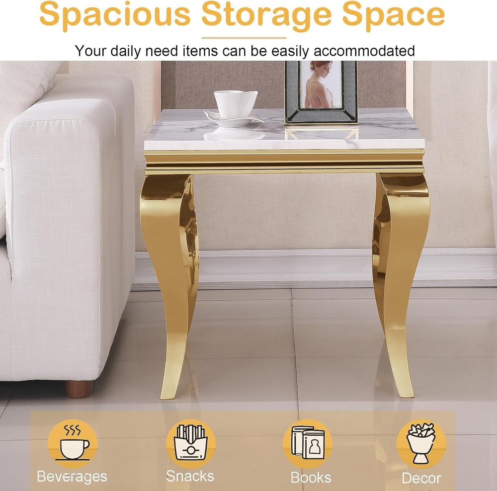 Marble End Table, Modern White Faux Marble Sofa Side Table with Gold Stainles...