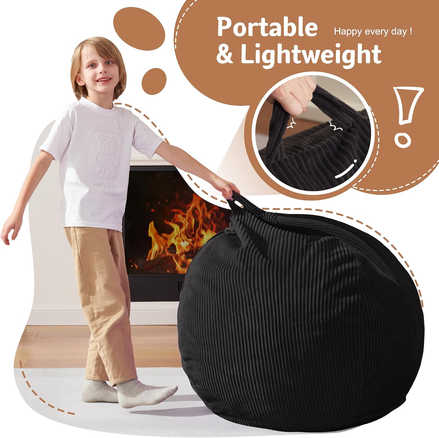 Homguava 2FT Bean Bag Chair,Teardrop Beanbag Chair Bean Bags with Handle | Small Bean Bag with Memory Foam Filled and Ultra Soft Corduroy Cover for Living Room, Bedroom（Black 2FT)