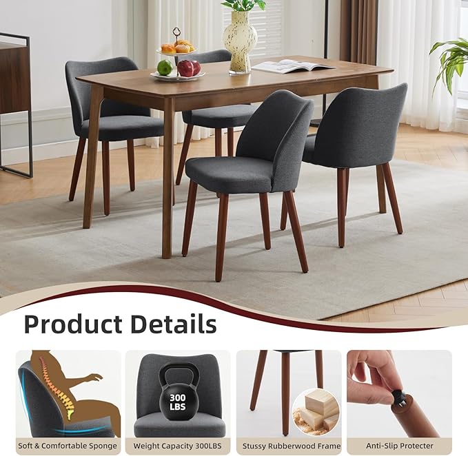 Dining Chair Set of 2, Linen Upholstered Dining Chair with Wood Legs, Wing Ba...