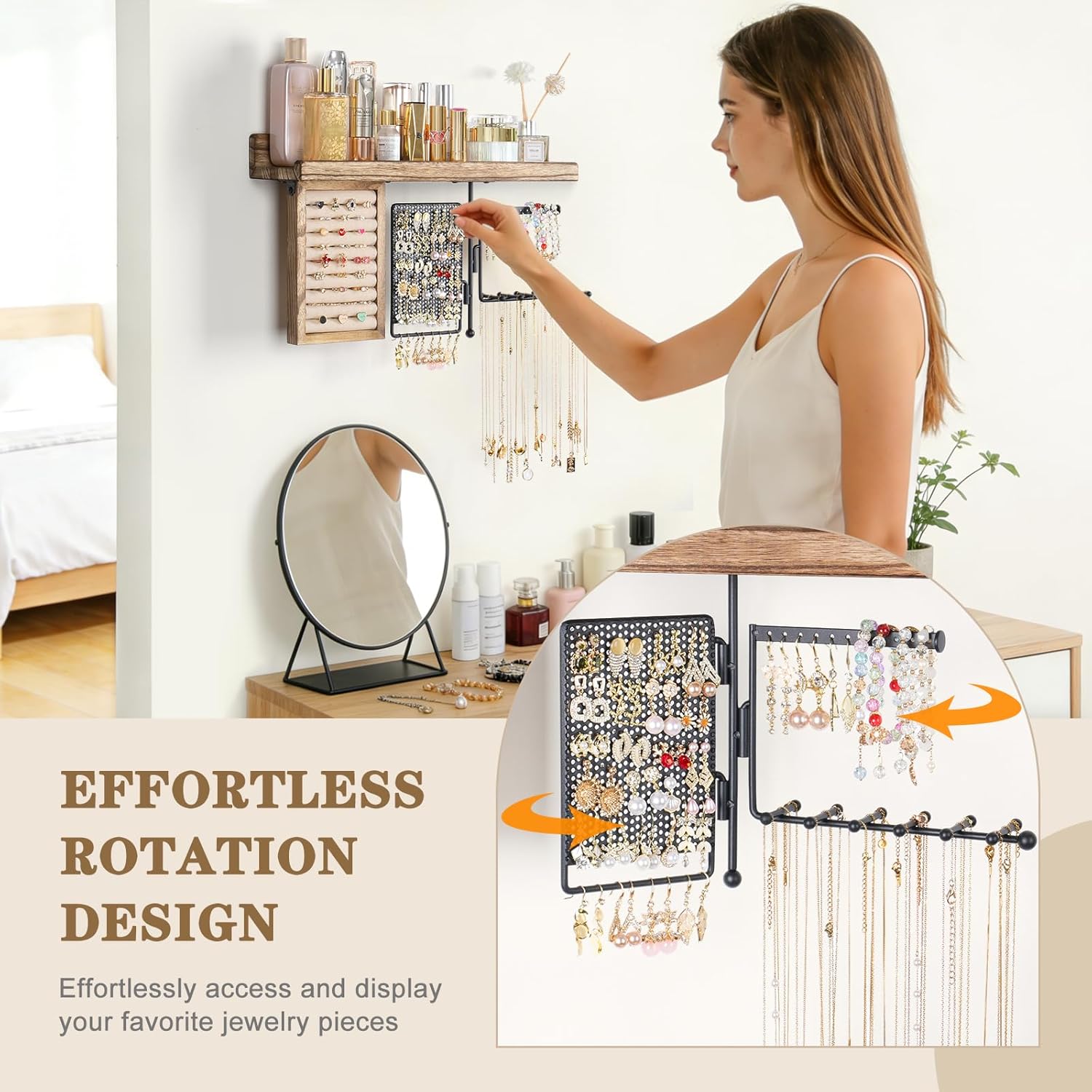 SOLIMINTR Hanging Jewelry Organizer Wall Mount with Rustic Wood Shelf, Ring Display Box, Ear Studs Earring Holder, Rotating Necklace Holder Organizer