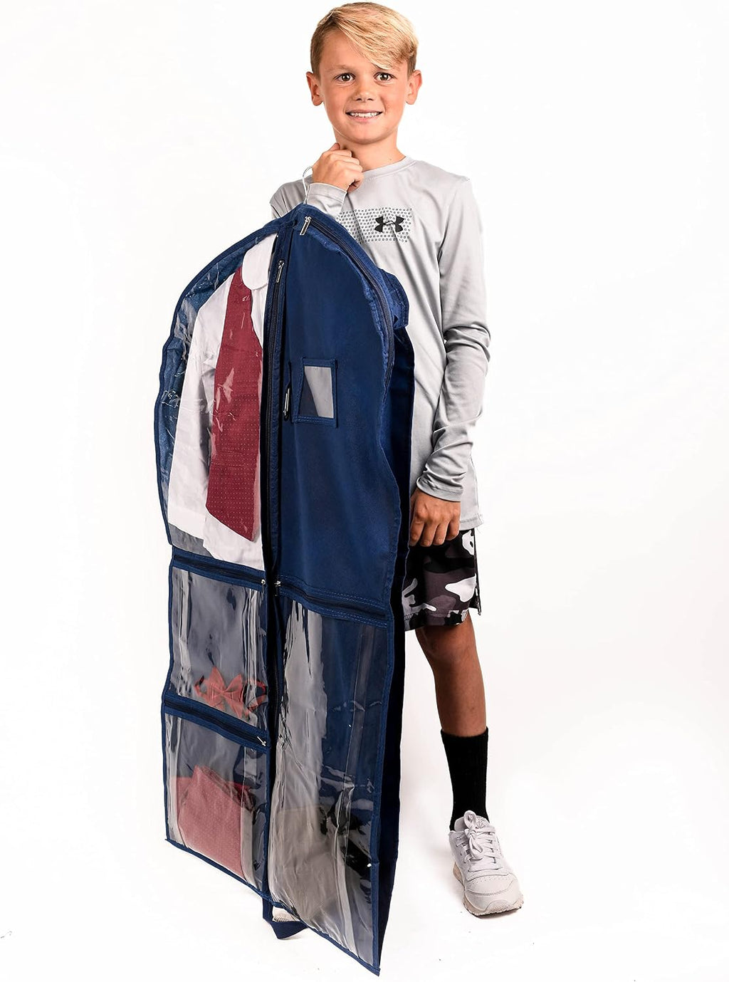 Waterproof Hanging Garment Bag 40 inch Clothes Bag with Gusset, 5 Pockets & Side Zip for Dance Costumes, Sports, Skating, Theatre, Beauty Pageants,Cheer & More by Kendall Country, Navy Blue