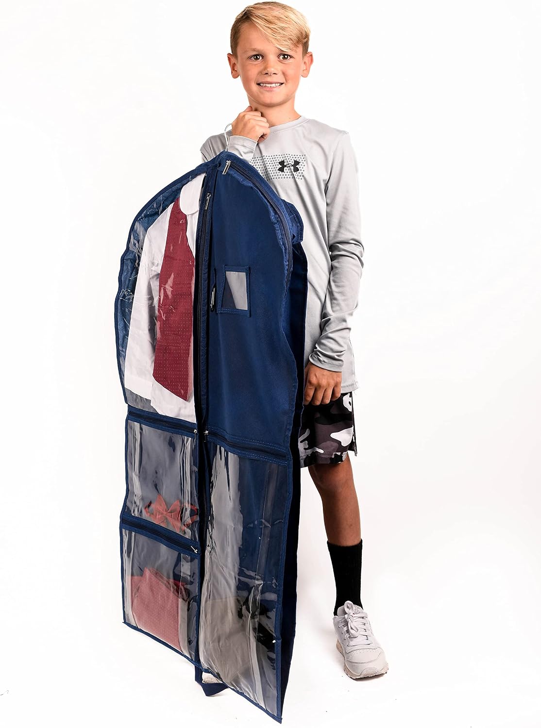 Waterproof Hanging Garment Bag 40 inch Clothes Bag with Gusset, 5 Pockets & Side Zip for Dance Costumes, Sports, Skating, Theatre, Beauty Pageants,Cheer & More by Kendall Country, Navy Blue