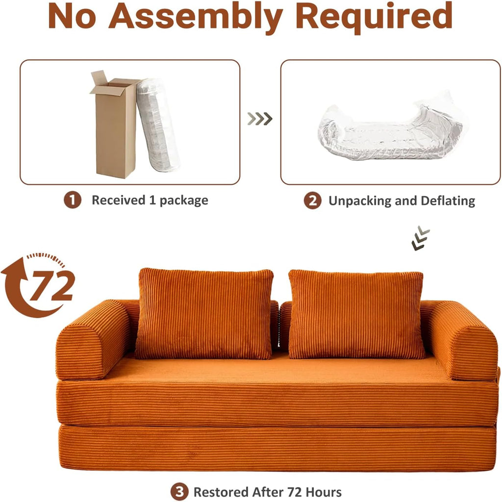 79" Convertible Sofa Bed, 5-in-1Boneless Couch for Living Room with 2 Pillows Corduroy Folding Sleeper Sofa Bed, Boneless Cloud Loveseat Futon Sofa Bed for Living Room Bedroom Lounge, Orange