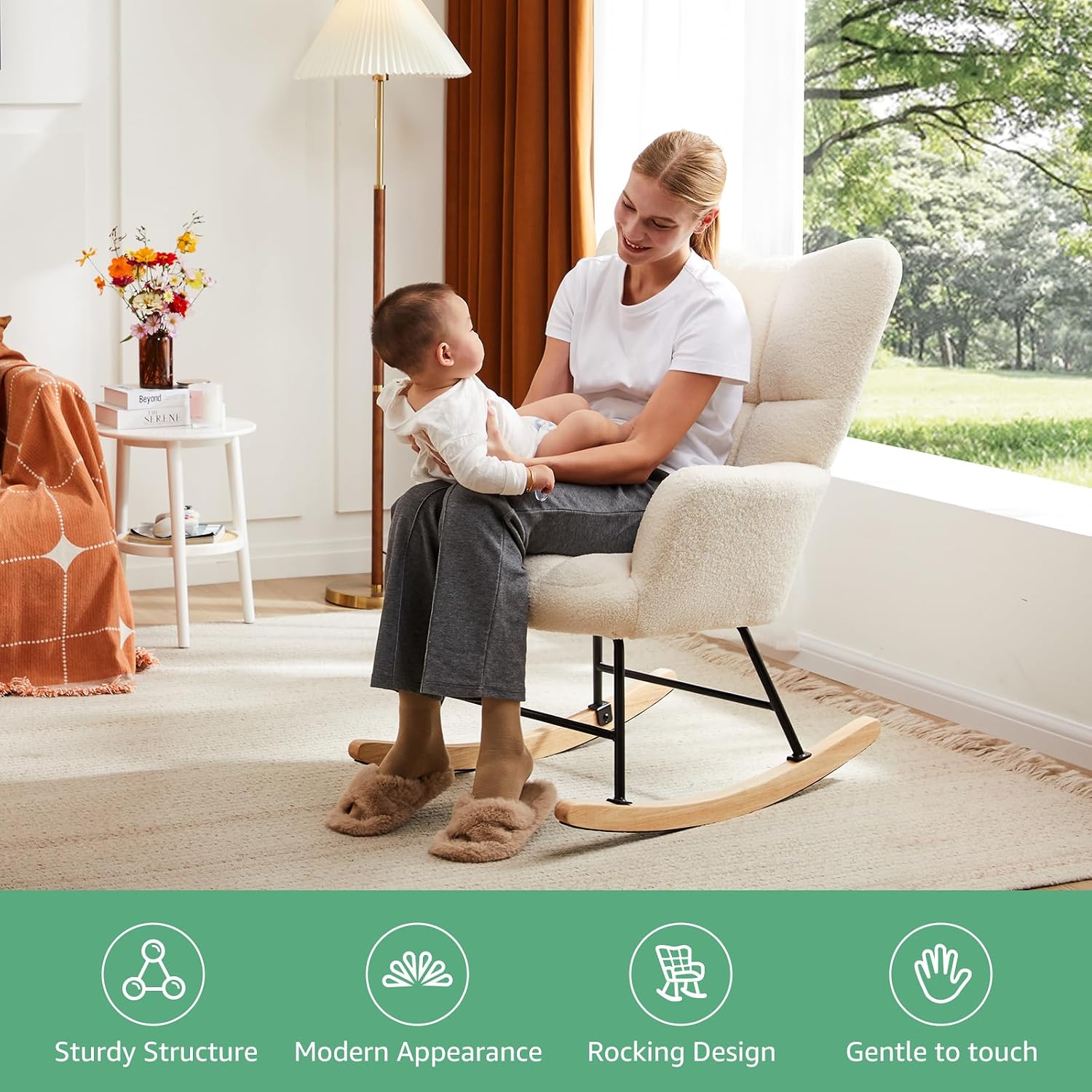 Simple Deluxe Nursery Rocking Chair, Teddy Upholstered Glider Rocker with High Backrest, Comfy Accent Armchair for Nursing & Reading, Standard Size, White