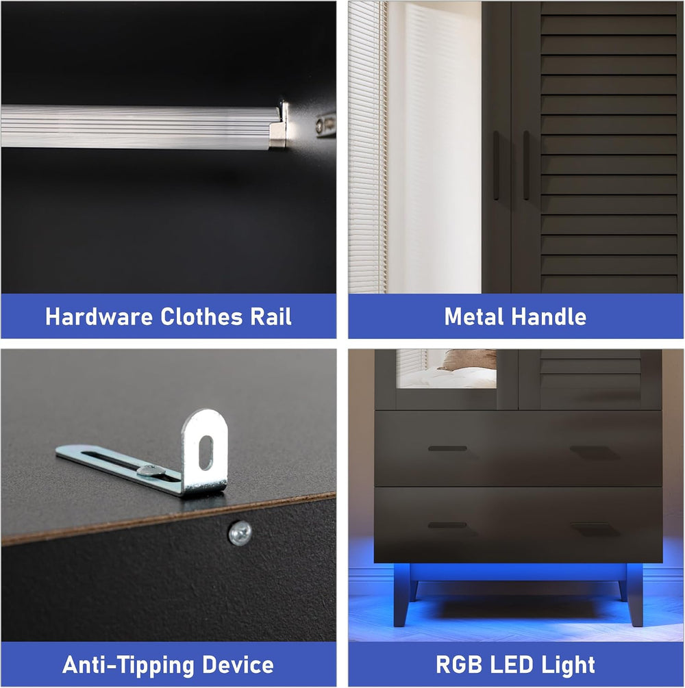Hlivelood 2 Door Armoire Wardrobe Closet Cabinet with Mirror, Drawers and LED...