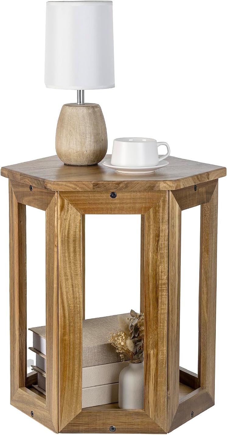 MyGift Hexagon Acacia Wood End Table with Shelf – 20-Inch Tall Small Side Tab...