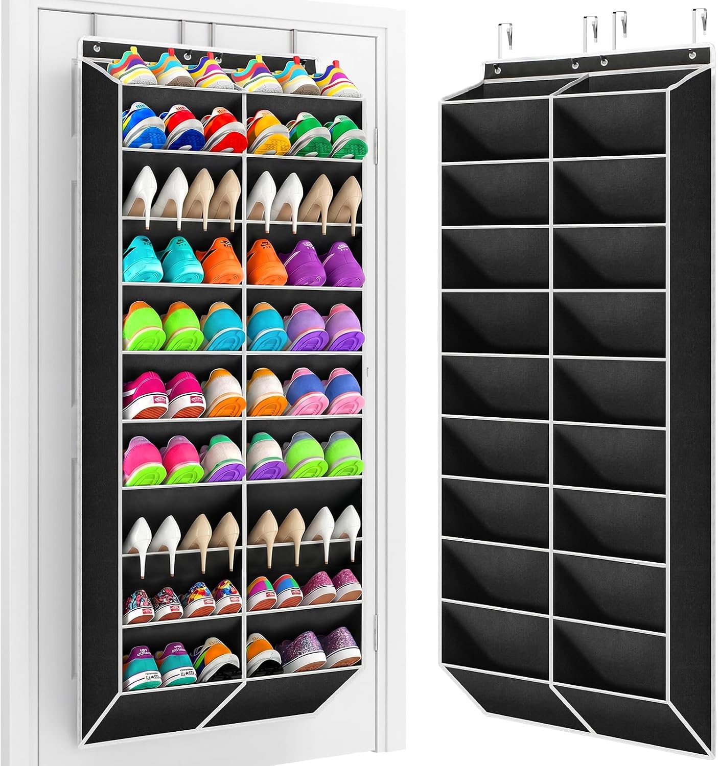 Yecaye 30 Pairs Over the Door Shoe Organizer, Large Capacity Hanging Shoe Rack for Door Hanger with Deep Pockets, Heavy Duty 10 Tier Shoe Holder for Sneakers Boots Heels College Dorm Essentials, Black