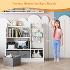 White Kids Bookshelf Wood Montessori Toy Storage Organizer Cabinet Shelf Child Bookcase Toddler Baby Sling Book Rack 3 Cube Bin Fabric Drawers for Playroom Bedroom Nursery School