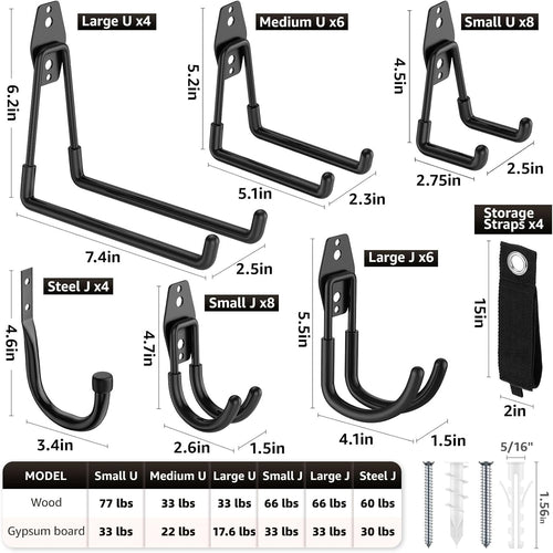 40 Pack Utility Steel Heavy Duty Wall Mount Garage Hooks,with Anti-Slip Coating,for Hanging Bikes,Ladder,Ropes,Bulk Items,Power,Yard and Garden Tools