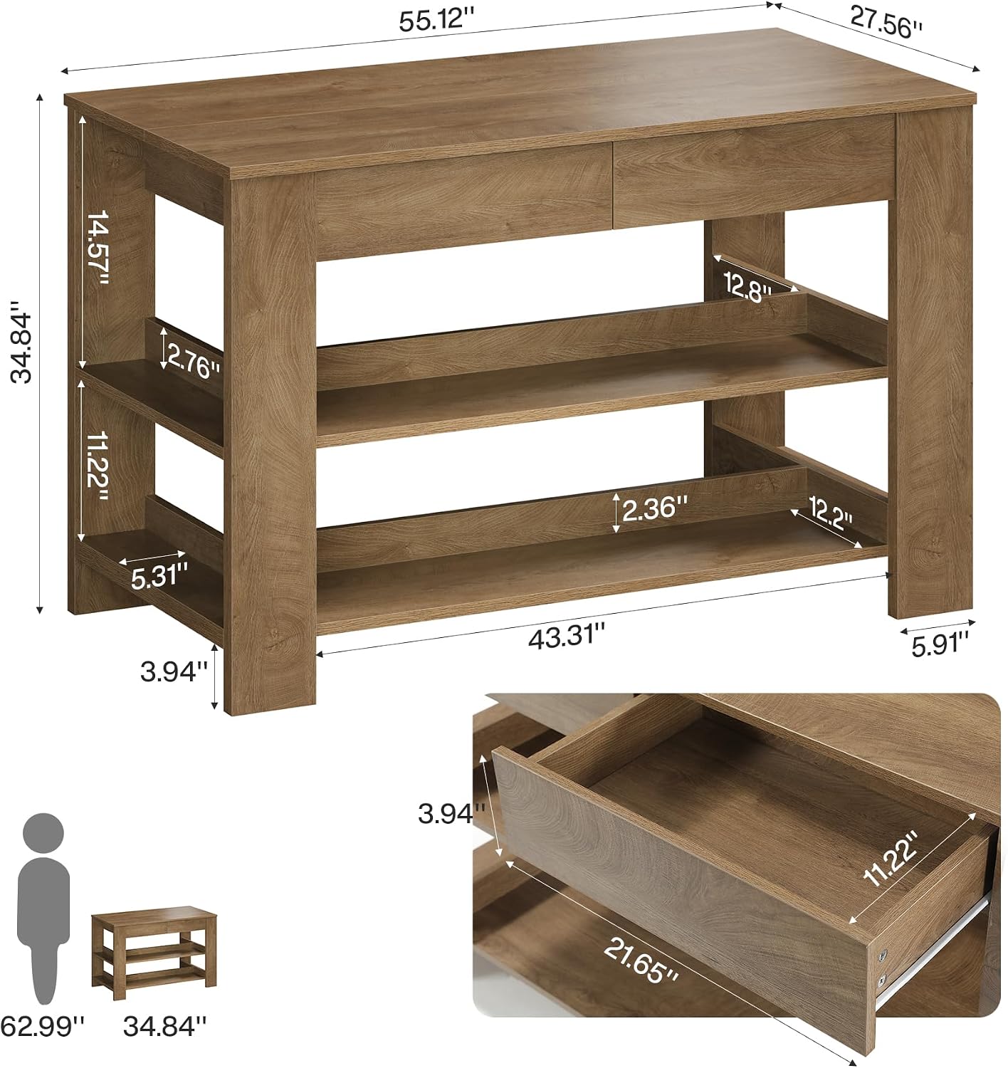 Tribesigns 55" Kitchen Island with Drawers, 2-Tier Farmhouse Wood Stationary Island Table with Storage and Open Shelf, Coffee Bar Table for Kitchen, Dining Room, Small Space, Brown