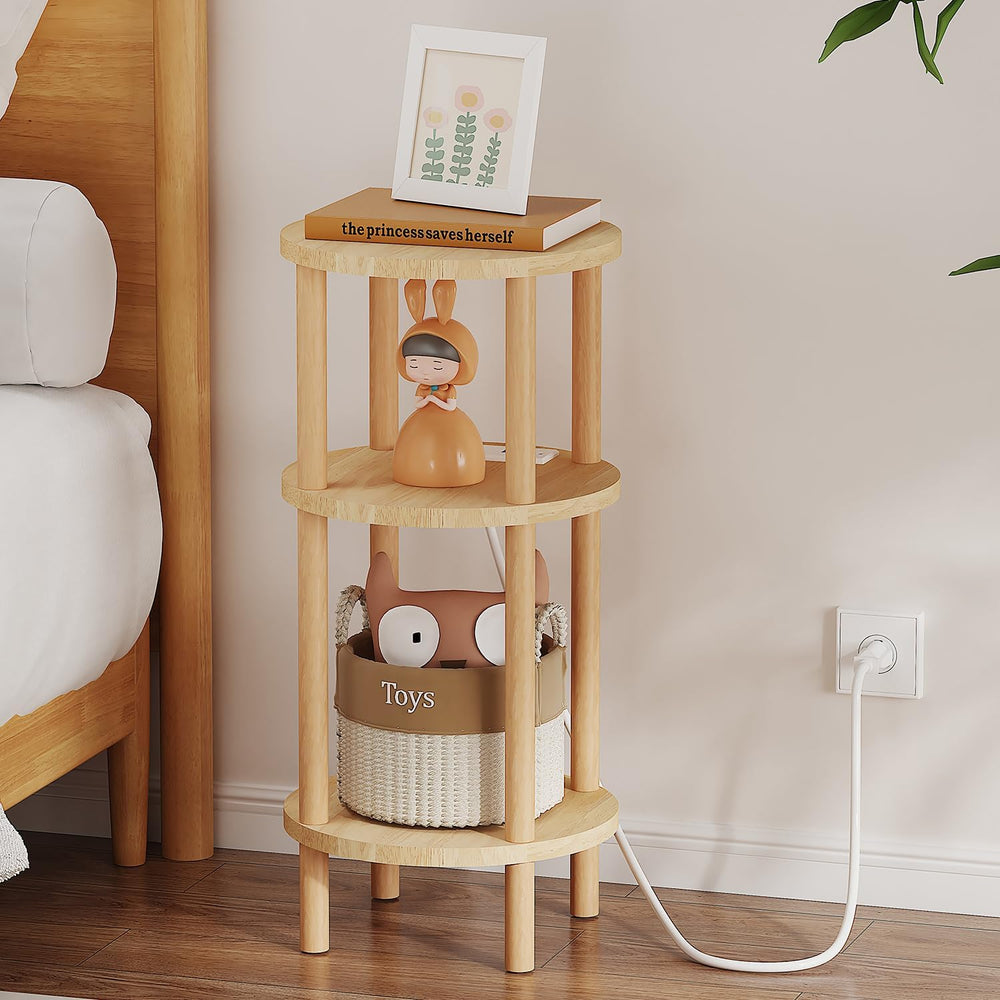 LUCKNOCK Small Round Side Table with Charging Station, 3-Tier Solid Wood End ...
