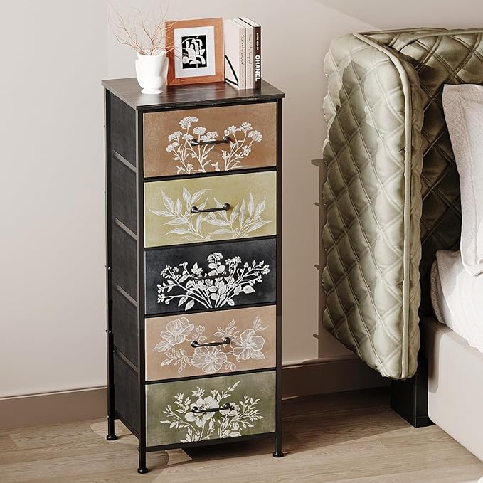 Tohomeor Vintage Dresser Vertical Nightstand with Neutral Botanical Plant Fab...