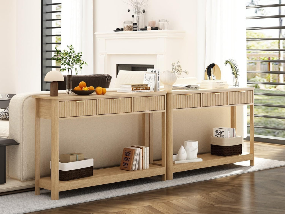 RUSTOWN Fluted Wood Console Table with 3 Drawers, 47.2" Boho Entryway Table