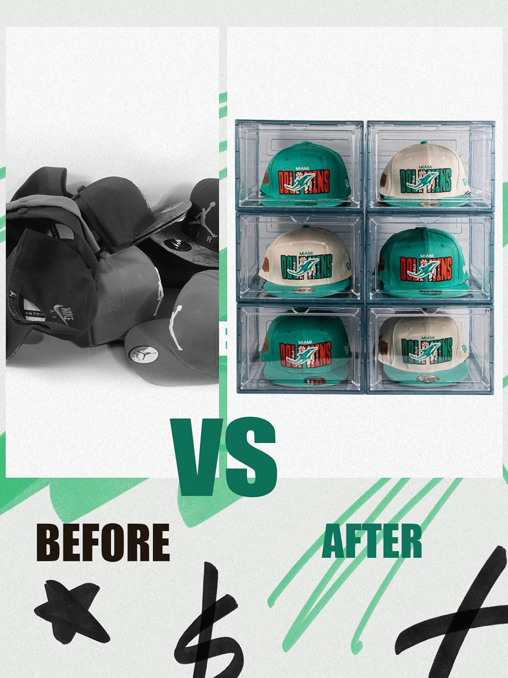 6 Pack Hat Organizer Box, Stackable Clear Baseball Caps Holder Box Containers with Magnetic Door for Hats Snapback Cap Storag, Hat Rack Display Case, Holds 8 Hats Each (Blue)