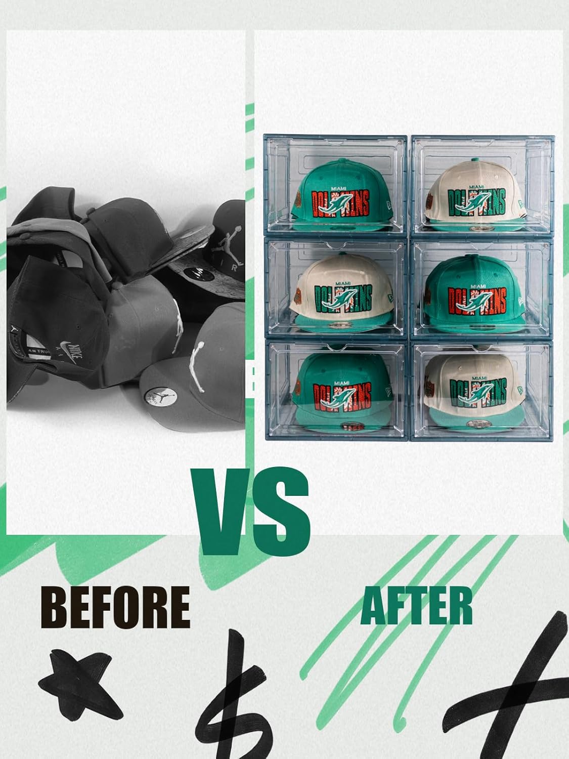 6 Pack Hat Organizer Box, Stackable Clear Baseball Caps Holder Box Containers with Magnetic Door for Hats Snapback Cap Storag, Hat Rack Display Case, Holds 8 Hats Each (Blue)