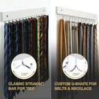 Wall Mounted Tie & Belt Rack Organizer - 2 Pack, 28 Hooks Hold 40 Ties & 40 Belts, 180° Rotating Space Saving Design, Sturdy Wood Decorative Wall Storage (White)