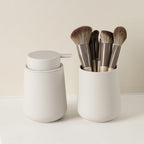 Matte Beige Bathroom Accessories 2 Piece Set Plastic Soap Dispenser and Toothbrush Holder for Modern Bathroom Decor