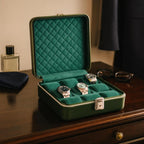 Bey-Berk Prague Aluminum Watch Case in Hunter Green – 9-Slot Locking Travel Box with Soft Interior for Watch Storage