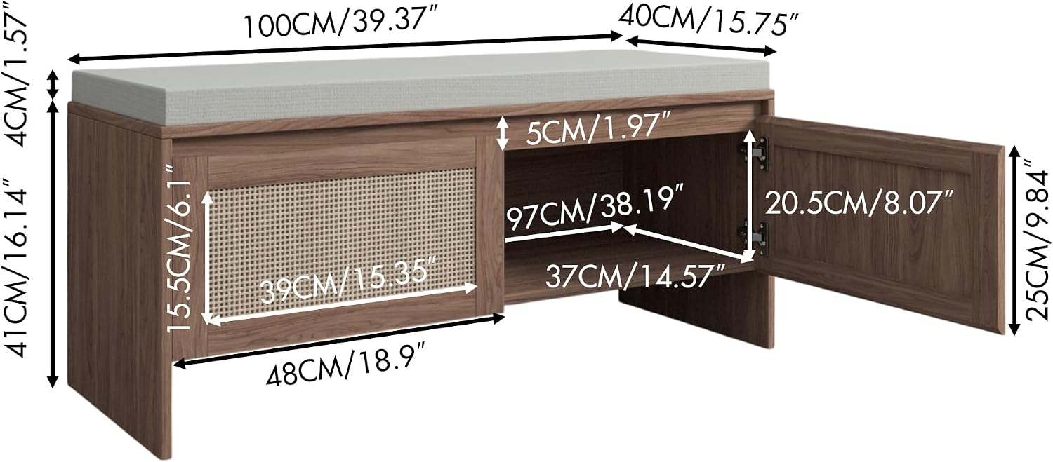 SOFTSEA 39.4" Shoe Storage Bench with Rattan Doors & Cushion, Natural | Entryway Bench with 2 Rattan Doors, Padded Seat Cushion, Mid-Century Modern Shoe Cabinet for Hallway, Bedroom, Living Room