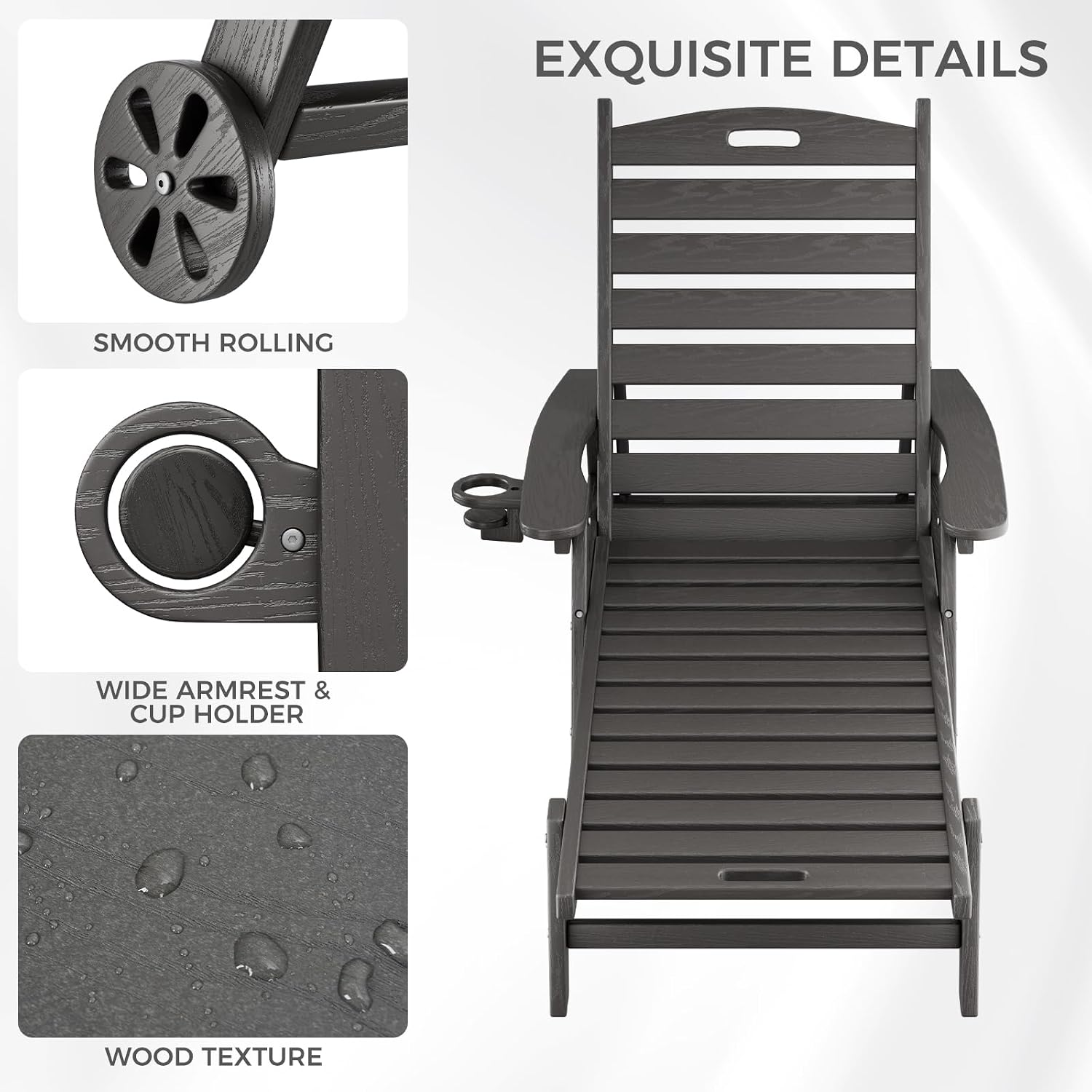 WACASA HDPE Pool Lounge Chairs with Wheels & Cup Holder, 6-Position Adjustable Outdoor Lounge Chair, Easy 20-Min Assembly, 450LBS Bearing, Patio Lounger Recliner for Poolside, Deck, Backyard (Grey)