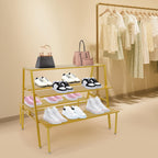Nesting Tables for Retail Display, 3 Tier Metal Shoe Handbag Display Stand, Modern Retail Display Tables for Boutiques, Floor Standing Double Side Display Riser Shelf for Clothing Stores (Gold)