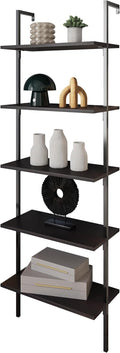 happimess MSH1001A Madera 72.05" Classic Industrial 5-Shelf Wood Wall-Mounted Open Ladder Bookcase with Metal Frame, Black