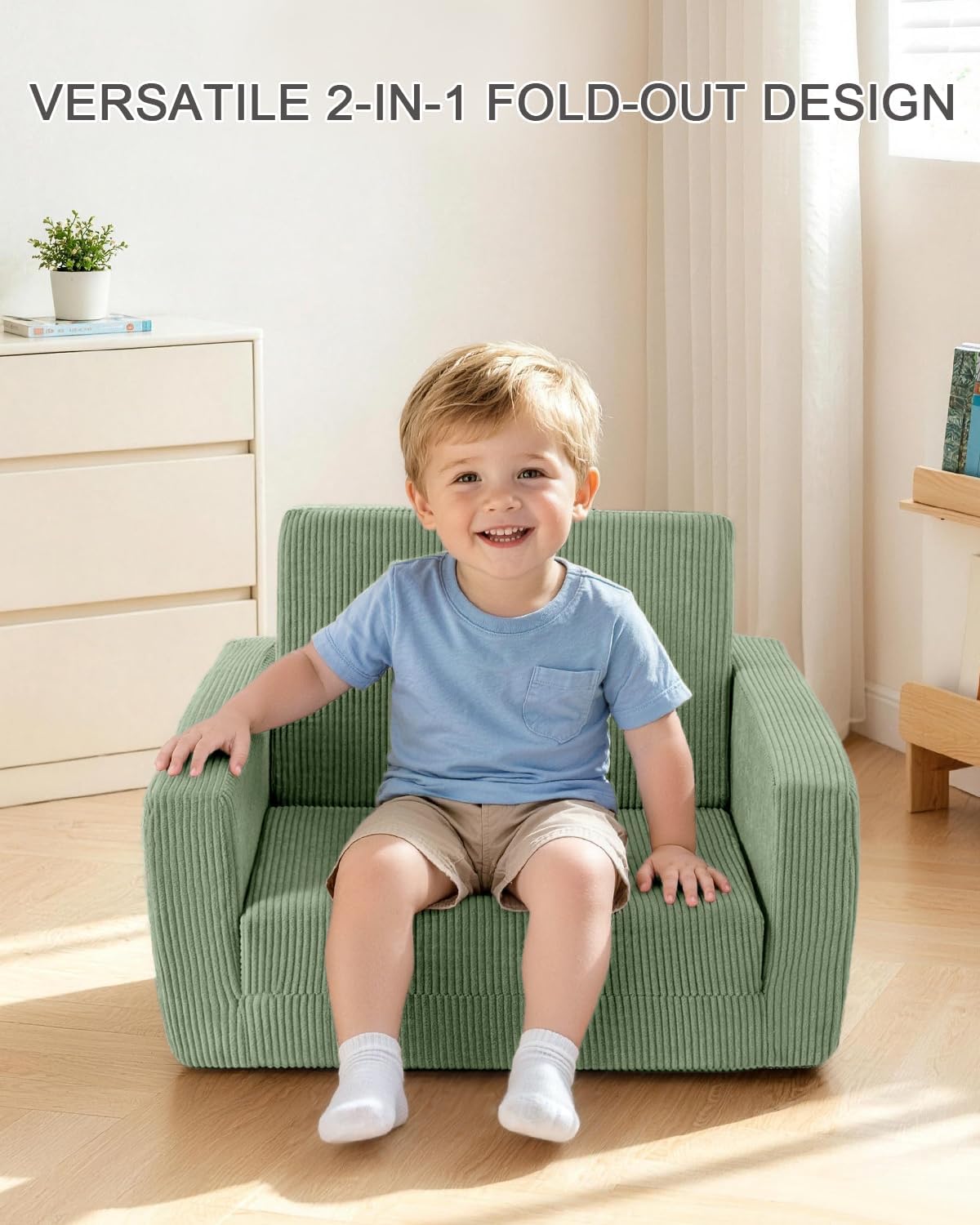 2-in-1 Kids Chair and Couch, Cozy Corduroy Kids Sofa, Green | Fold-Out Kids Couch, Boys and Girls, Bedroom & Playroom, Reading and Playing, Lightweight, Removable Washable Cover