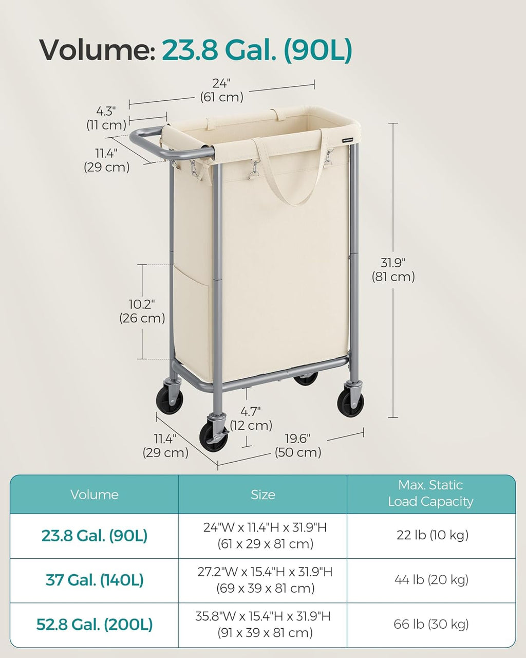 SONGMICS Laundry Basket with Wheels, Rolling Laundry Hamper, 23.8 Gallons (90 L), Removable Liner, Steel Frame with Handle, 24 x 11.4 x 31.9 Inches, Cream White URLS003W01