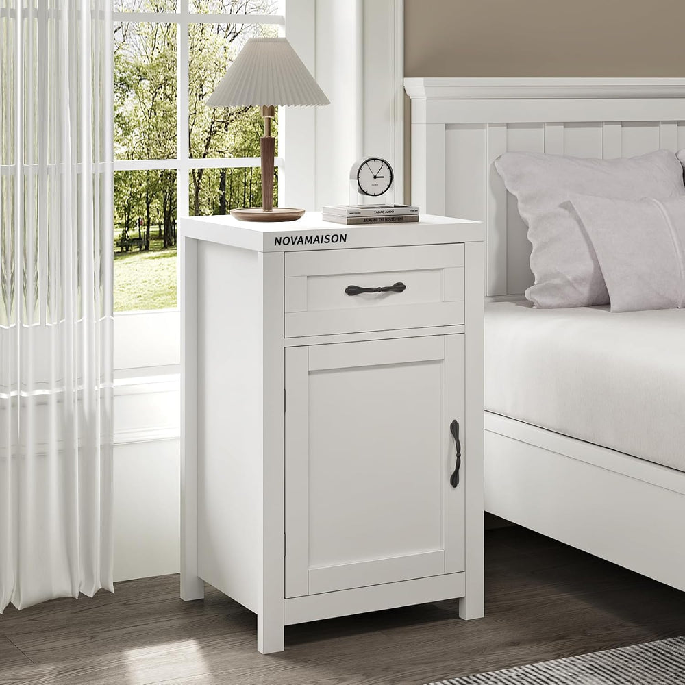 White Nightstand with Drawer, Farmhouse End Table with Storage Cabinet and Ad...