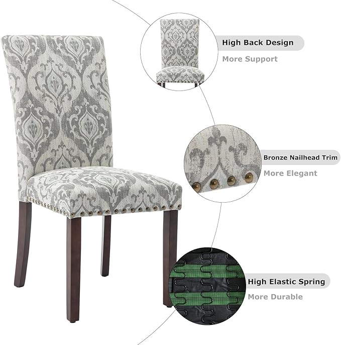 COLAMY Upholstered High Back Dining Chairs Set of 6 with Solid Rubber Wood Legs, Fabric Dining Room Chairs with Comfortable Padded Seat for Dining Room, Classic Gray Damask Pattern, Cloudy Gray Damask