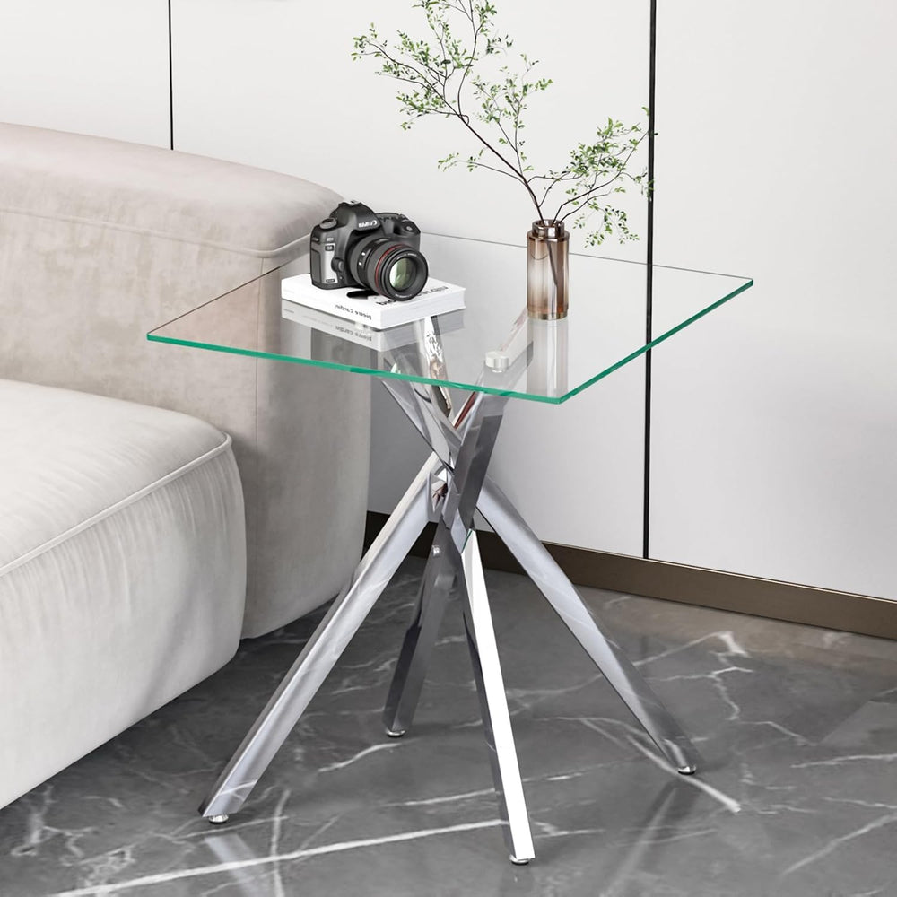 Modern Glass Side Table 17.72" Square End Table with Metal Legs, Small C...