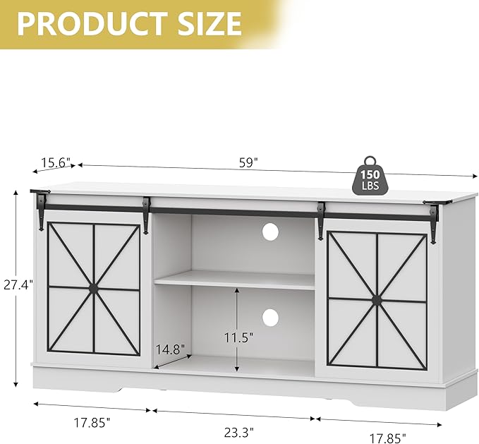 Farmhouse TV Stand for 65/60/55 Inch Tvs, Modern Entertainment Center with Storage Cabinets & Sliding Barn Doors, Rustic Media Console Table, Wood Television Furniture for Living Room, Bedroom, White
