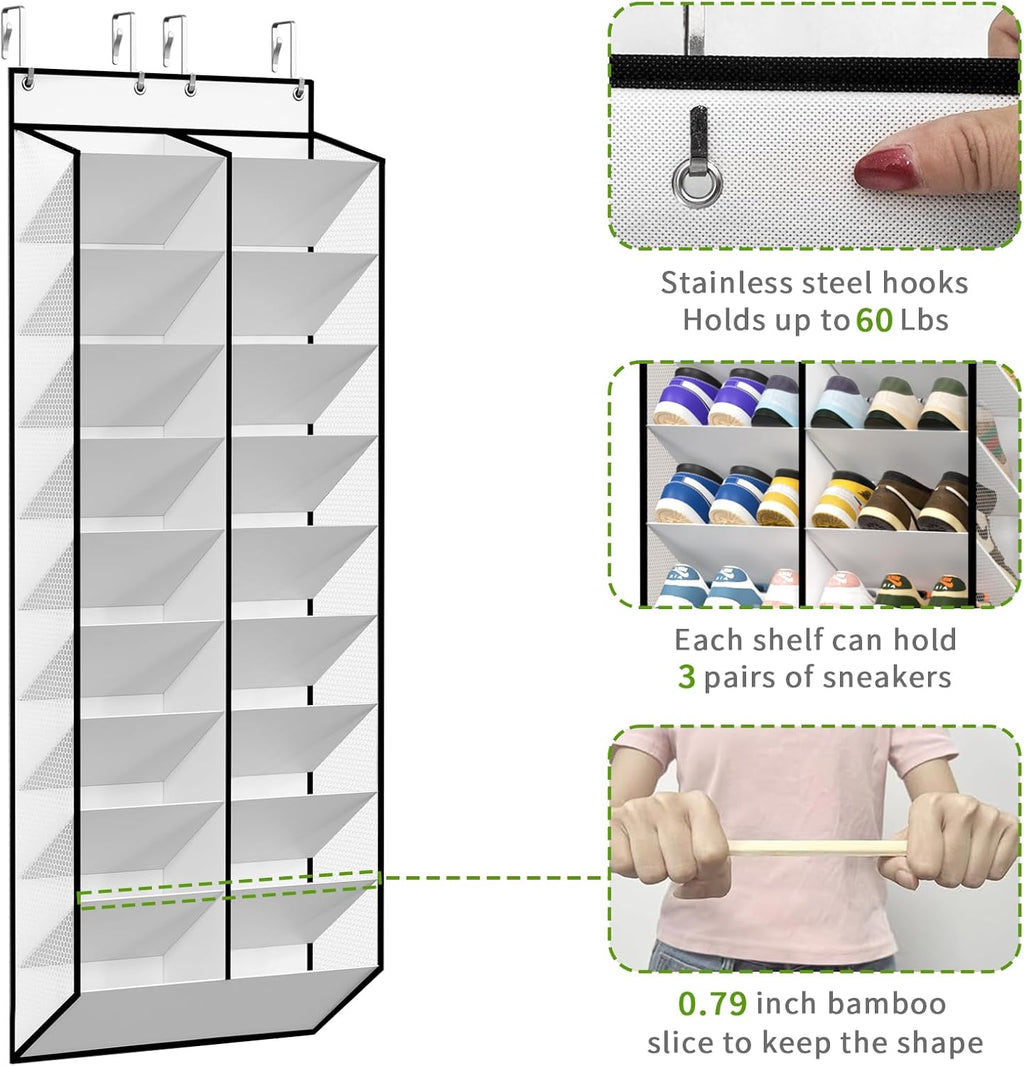 KEEPJOY 20-30 Pairs Over the Door Shoe Organizer, Mesh Hanging Shoe Rack for Door Storage with 20 Wide Deep Pockets,10-Tier White Door Shoe Holder Fits Sneakers, Boots.