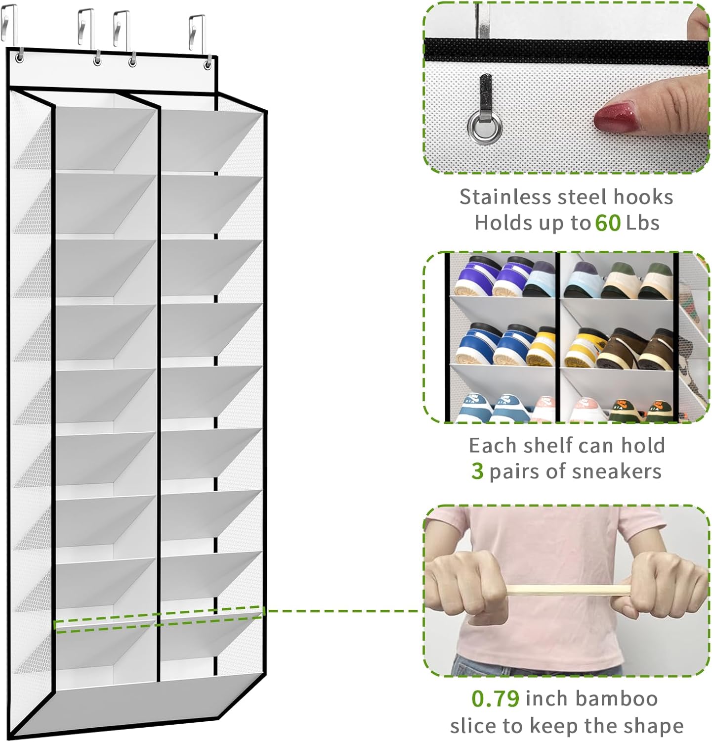 KEEPJOY 20-30 Pairs Over the Door Shoe Organizer, Mesh Hanging Shoe Rack for Door Storage with 20 Wide Deep Pockets,10-Tier White Door Shoe Holder Fits Sneakers, Boots.
