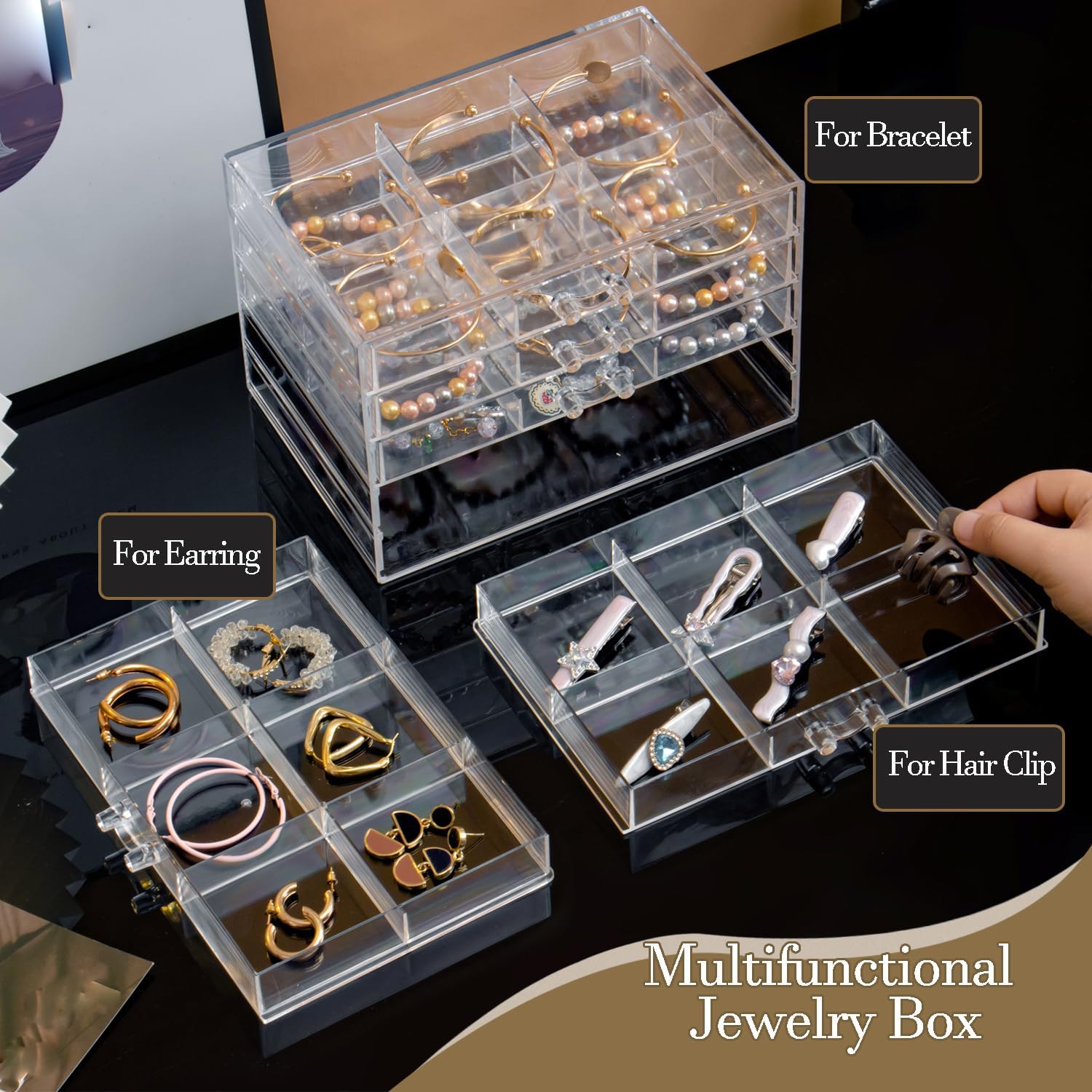 SPAKOWN Earring Organizer Box Large 18 Compartments | Jewelry Holder Organizer with 3 Drawers Stackable Earring Bracelet Storage Case Jewelry Boxes for Women (Clear)