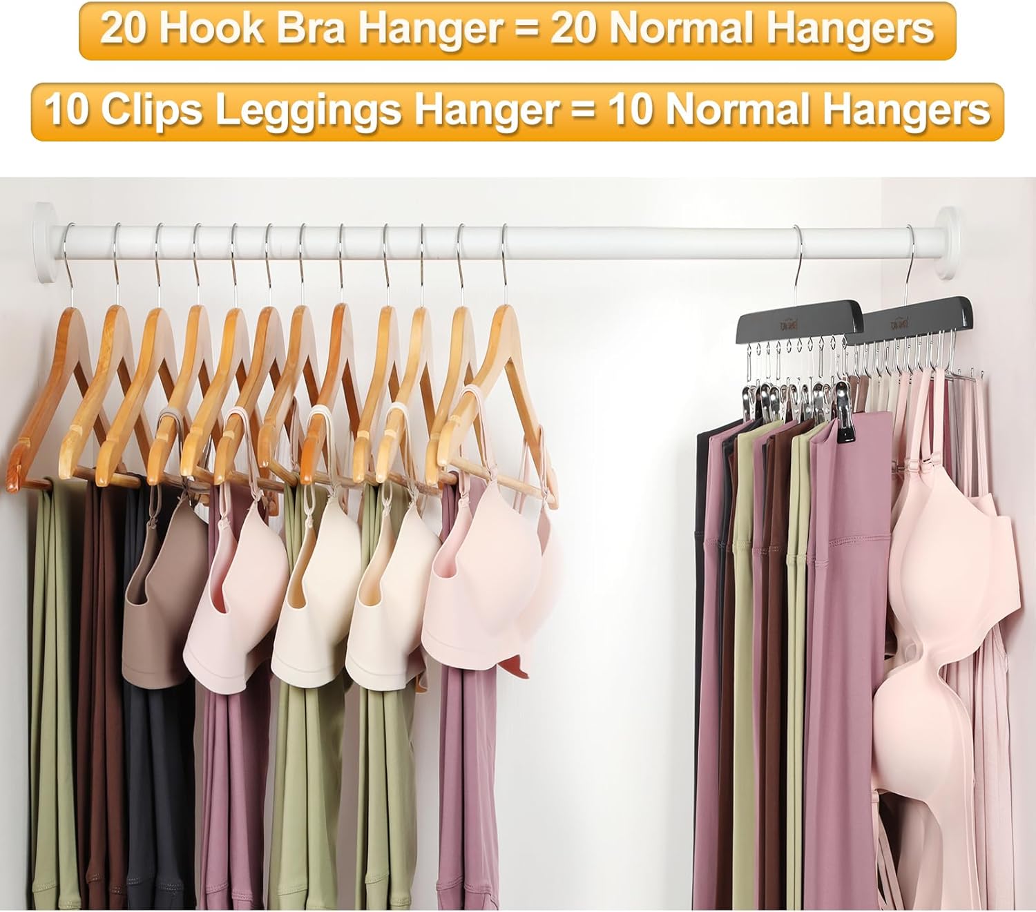 TOPIA HANGER 2 Pack Bra Hanger with Leggings Organizer, 2-in-1 Space Saving Hangers Neatly Store Max 20 Bras and 10 Leggings, Pants Jeans Shorts Skirt Tank Top Hanger for Closet Black CT76B
