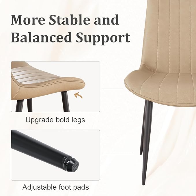 Dining Chairs Set of 6, Leather Modern Kitchen & Dining Room Chairs, Comfortable Upholstered Kitchen Chairs with Metal Legs Armless Side Chairs for Living Room Bedroom Restaurant Cafe, Khaki