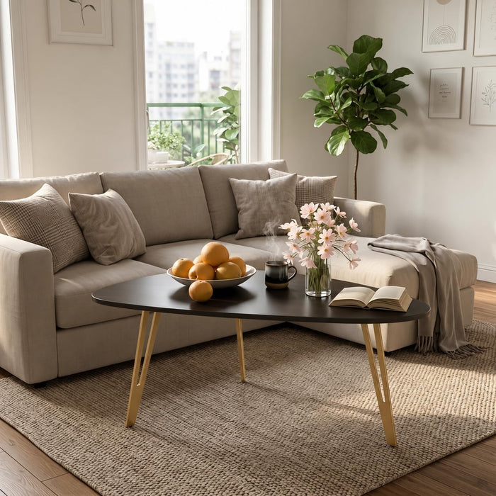 Manora Simple Dark Brown Oval Wood Coffee Table with Gold Legs, Modern Tea Table for Living Room or Office, Cute Small Center Table for Compact Space