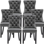 Leather Dining Chairs Set of 6, Upholstered Dining Room Chairs with Nailhead Trim, Sillas de Comedor Modernas 6, Wooden Kitchen Chairs for Dining Room, Living Room, Kitchen, Bedroom, Grey