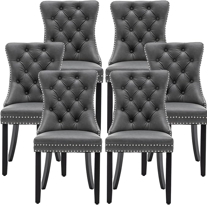 Leather Dining Chairs Set of 6, Upholstered Dining Room Chairs with Nailhead Trim, Sillas de Comedor Modernas 6, Wooden Kitchen Chairs for Dining Room, Living Room, Kitchen, Bedroom, Grey