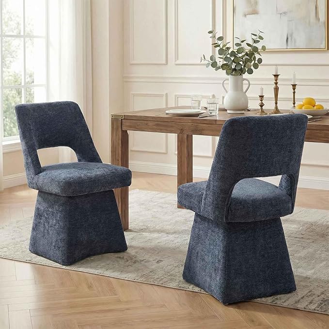 VKNOW Upholstered Swivel Dining Chairs Set of 2, Modern Dining Room Chairs with Open Back, Chenille Fabric Kitchen Chairs for Dining Room, Living Room, Bedroom, Vanity, Blue