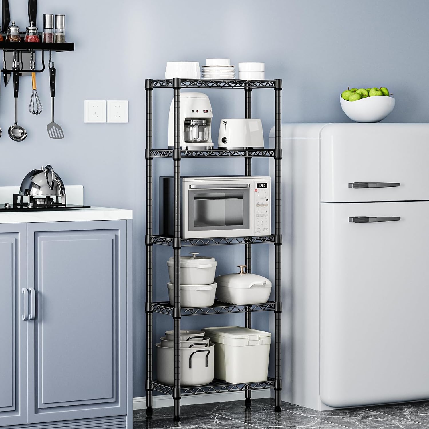 450 lbs Storage Shelves 5 Tier Shelving Units for Storage, Steel Organizer Wire Rack, Adjustable Height, Wire Shelving Unit for Bathroom Kitchen Closet, Black 11.8" D x 21.7" W x 58.3" H