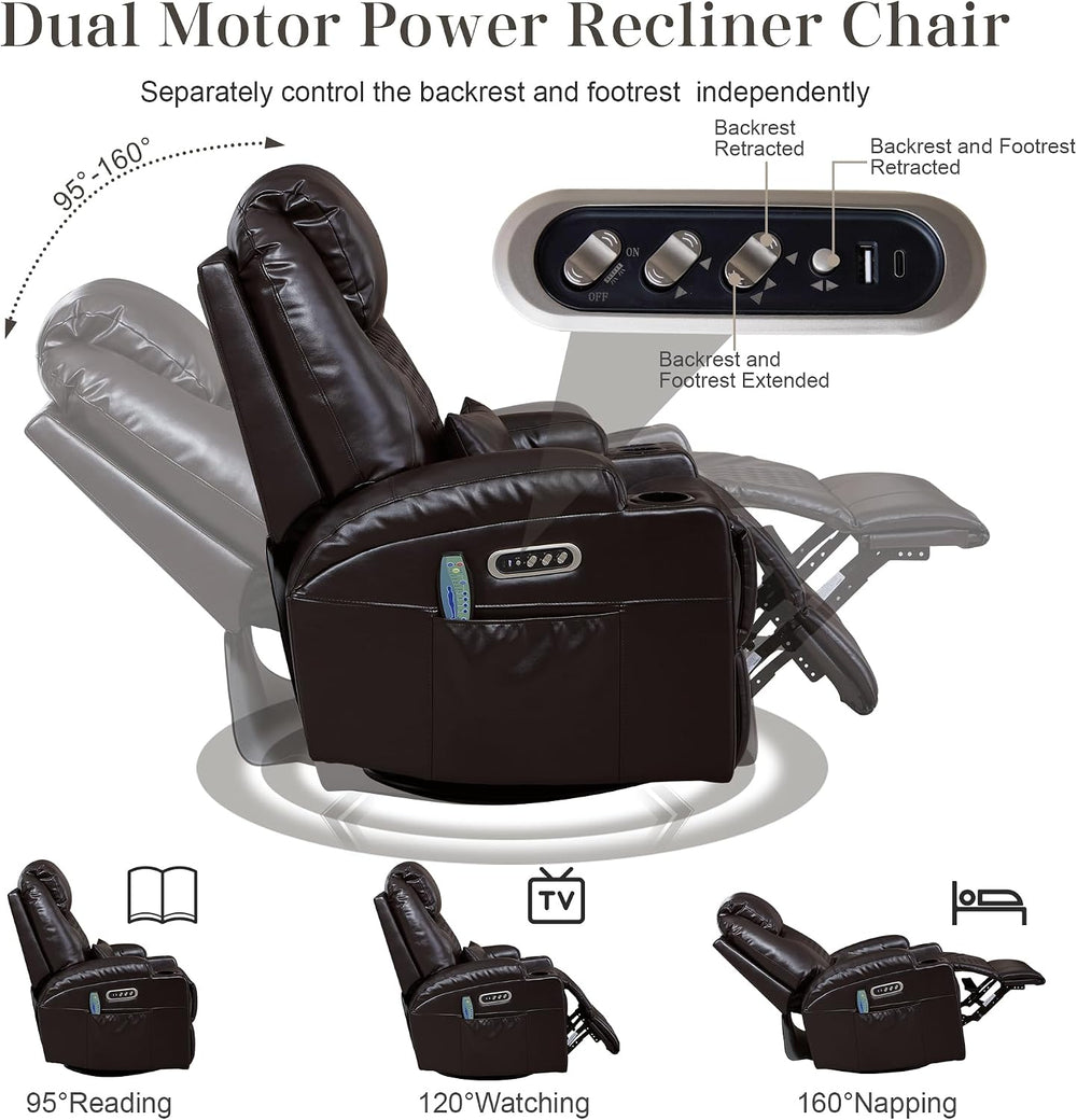 AHMED Dual Motor Power Swivel Rocker Recliner Chair, Faux Leather, Brown | El...